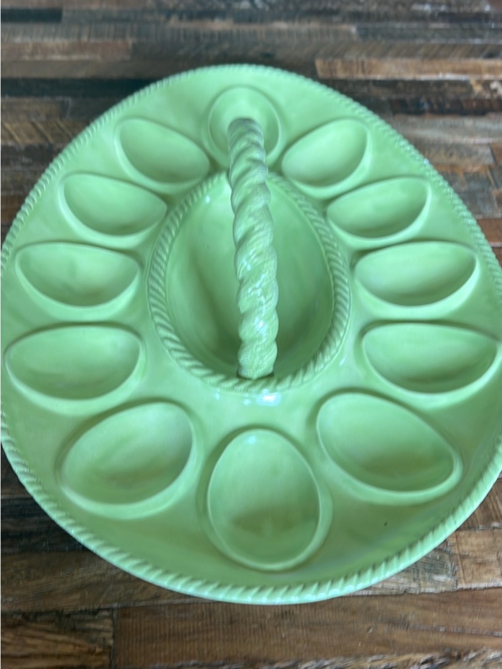 Green Ceramic Deviled Egg Serving Platter with Handle